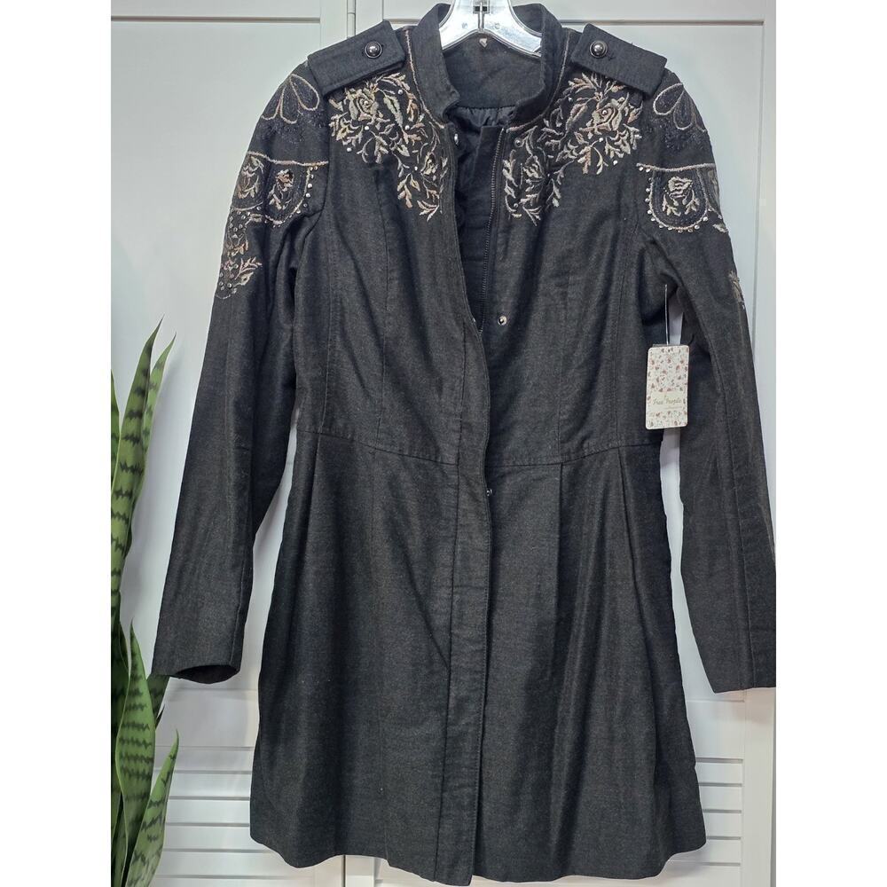 NEW Free People Charcoal Gray Embellished Embroidered Sergeant Coat Sz 6 $248